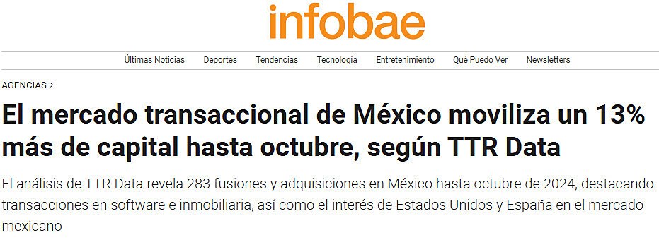 El mercado transaccional de Mxico moviliza un 13% ms de capital hasta octubre, segn TTR Data